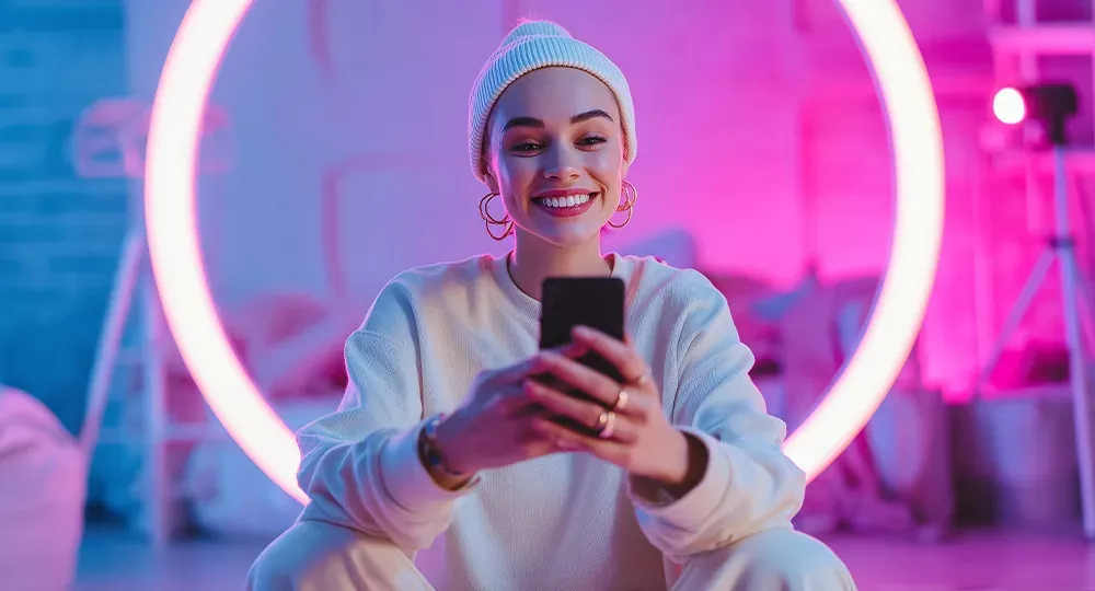 Eine Frau schaut auf ihr Smartphone vor einem leuchtenden Ring in pinkem und blauem Licht.